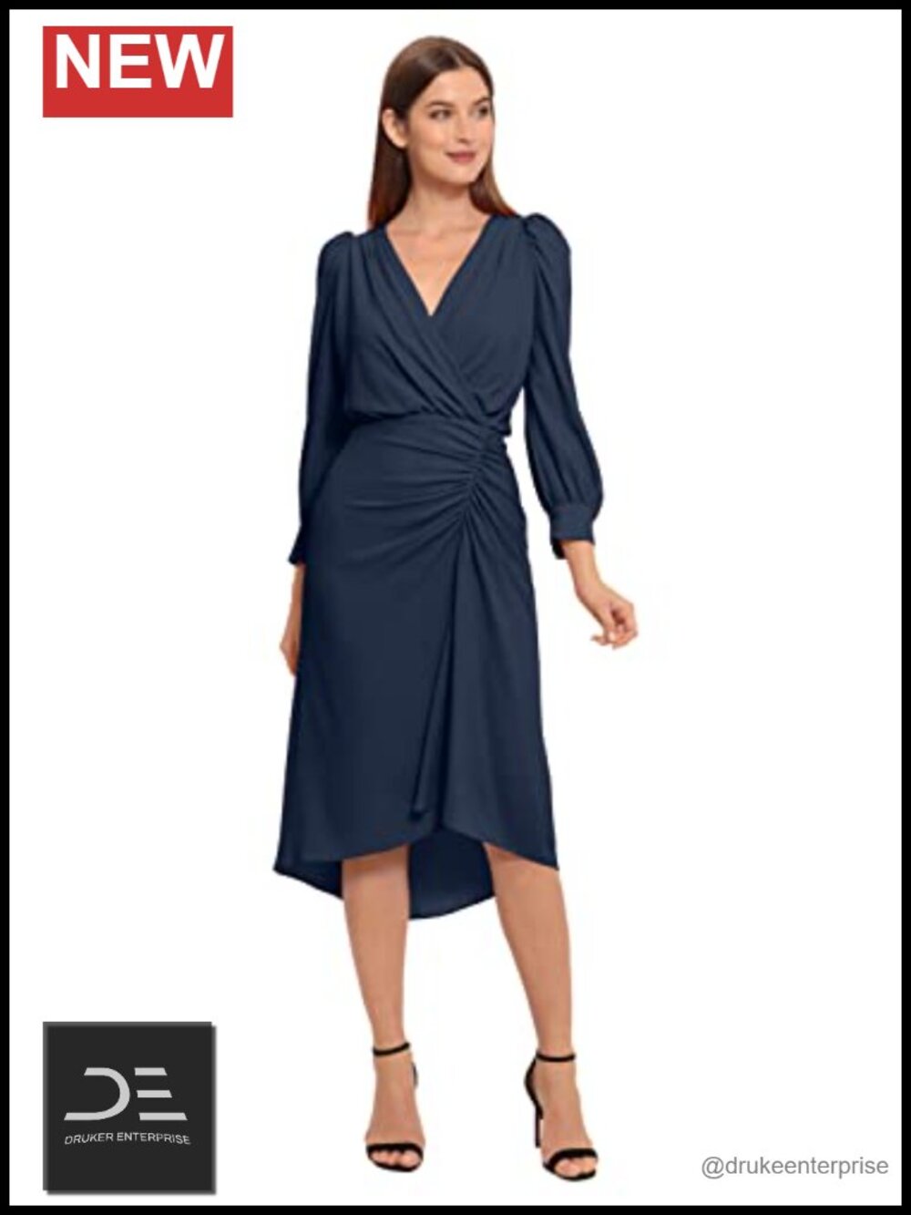 Long Sleeve V-Neck Sheath Dress High Low Shirttail Crepe Work Wear